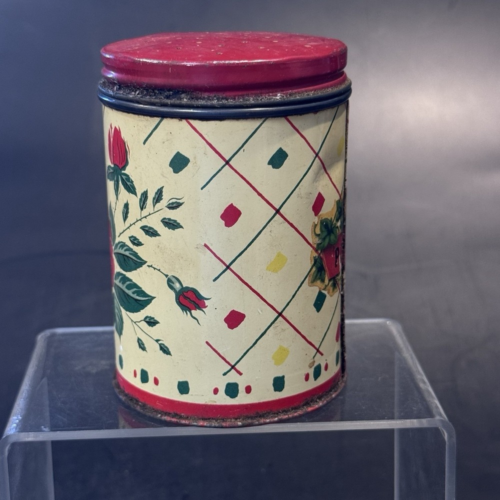 Vintage 40s Tin Pepper Shaker Single Red Rose Lithograph Red Lid Slight Rust - Picture 4 of 9